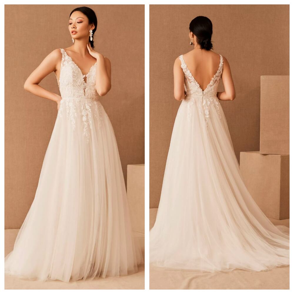 Watters Ivory Lace Appliqué Tulle A-Line Wedding Dress